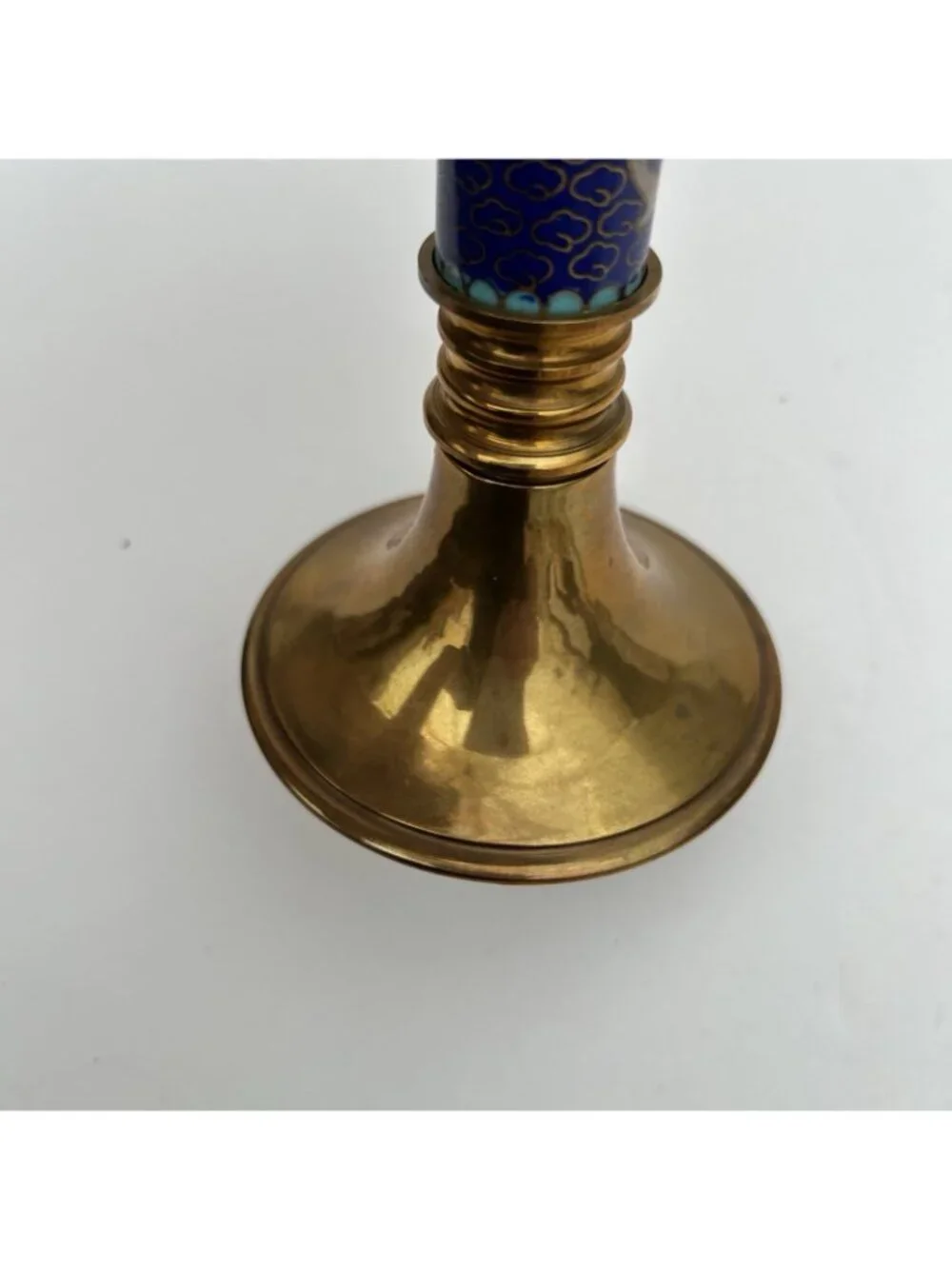 Vintage Brass Enamel Asian Bird Cloisonne Blue Candlestick Candle Holder 7.75”